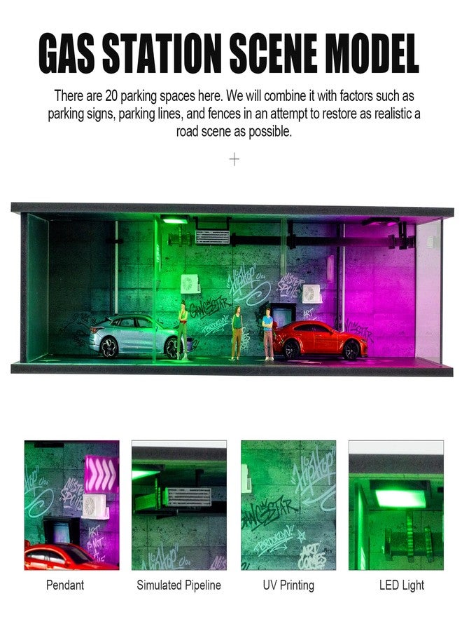 صندوق عرض سيارات بمقياس 1/64 بتصميم سايبربانك، مزود بإضاءة LED وغطاء أكريليك، مع مكانين لركن السيارات وإضاءة بنفسجية وخضراء. - Image 3